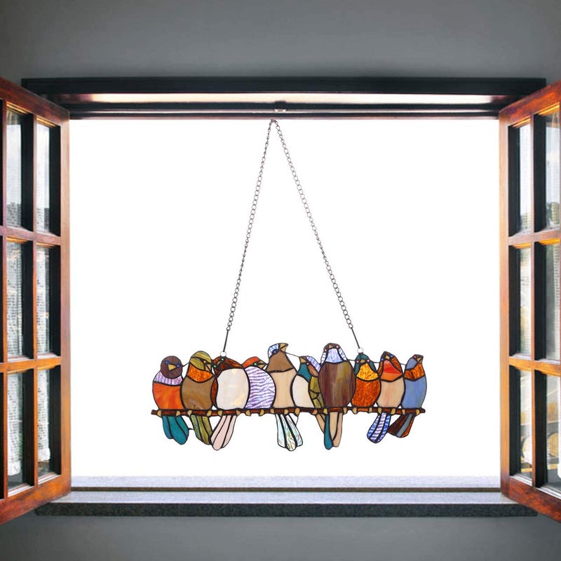 Bieye W10002 Tropical Birds Tiffany Style Stained Glass Window Panel Hangings with Chain, 19" W x 11.4" H - Image 2